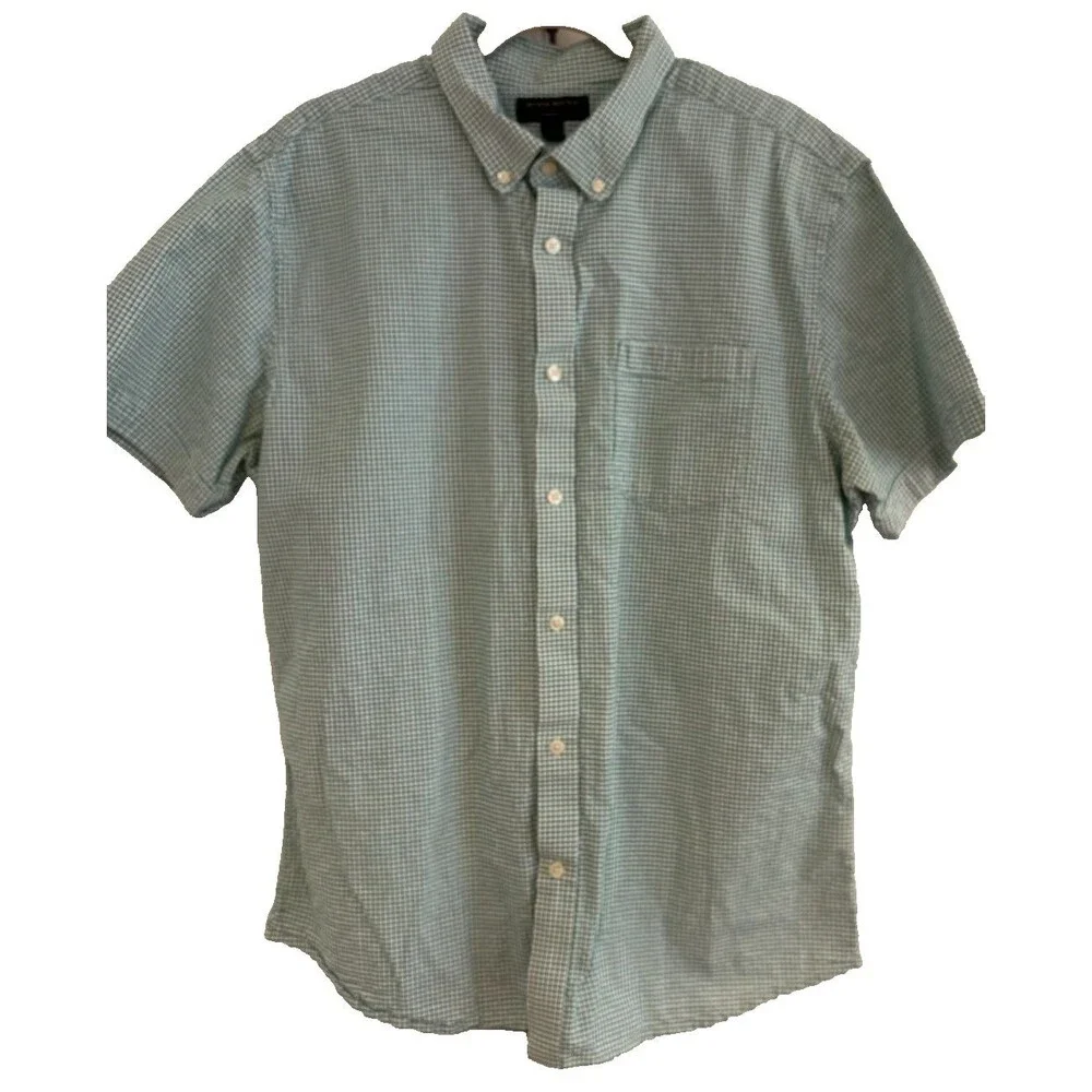 Banana Republic Shirt Men’s XL Short Sleeve Green Plaid Cotton Easter Spring EUC